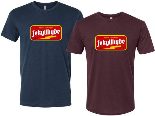 Mockup of Navy and Maroon Lightning badge tshirts. Front facing.