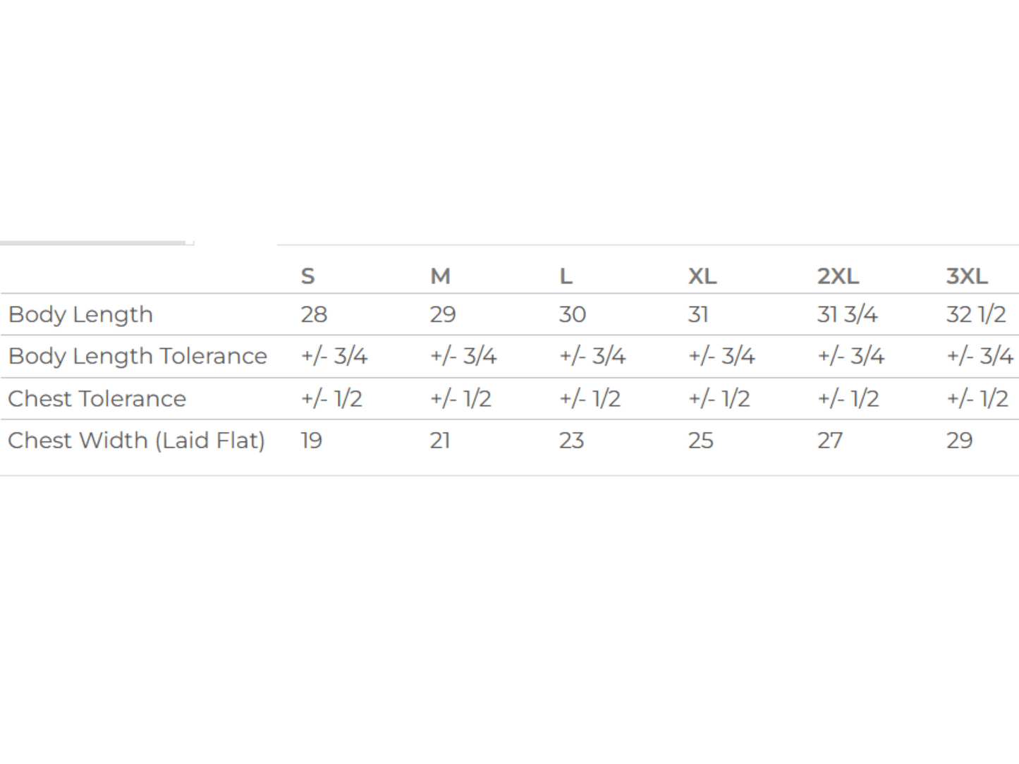 Size chart. Contact us for more information.