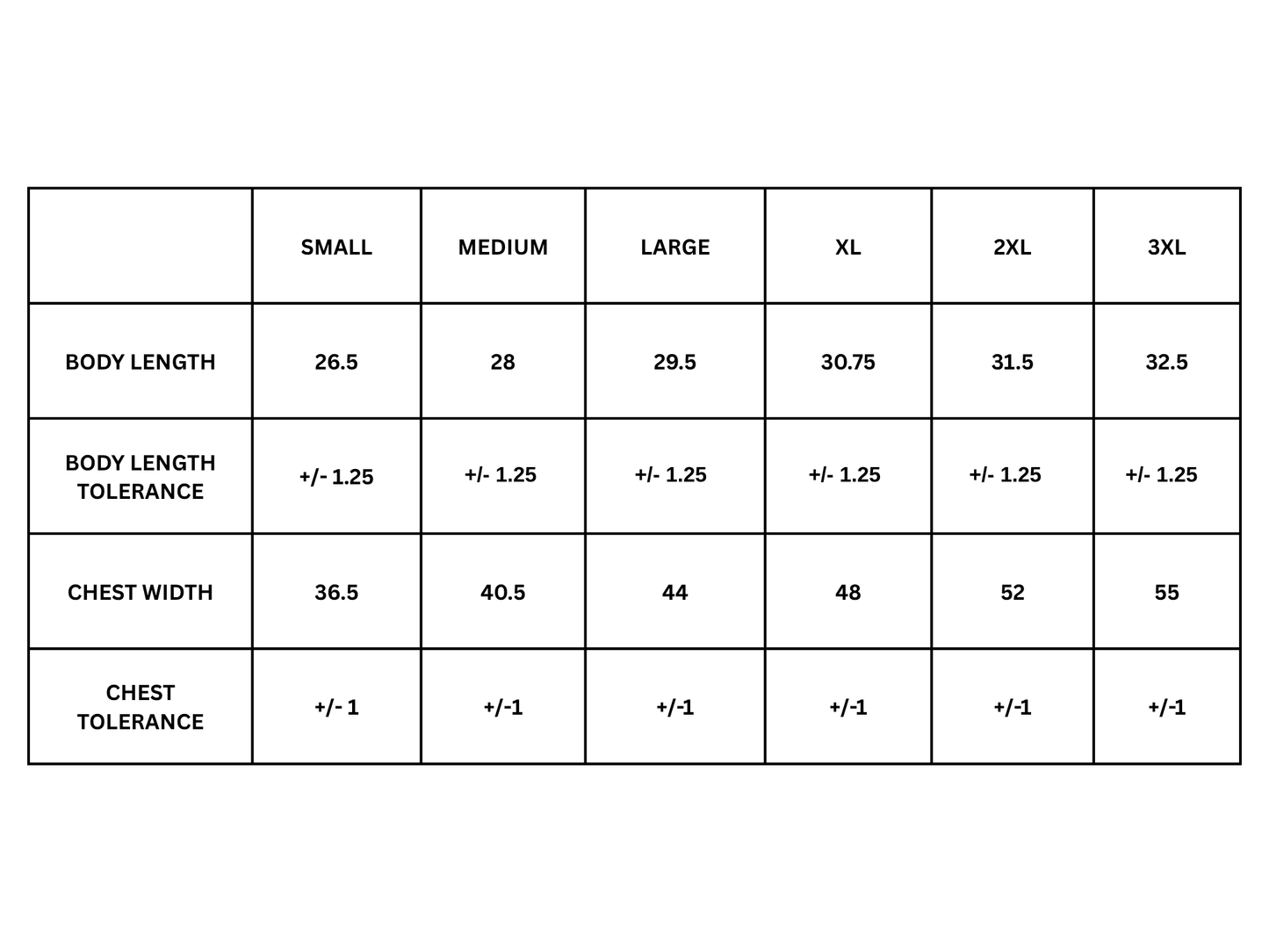 Size chart for clothing with measurements in inches for small to 3XL