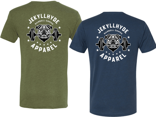 Two t-shirts, one green and one blue, with a bully breed dog and barbell.