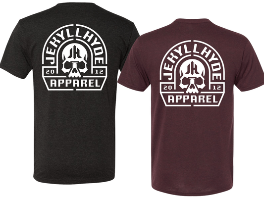 Black and maroon t-shirts with 'Jekyll Hyde Apparel' logo on a white background