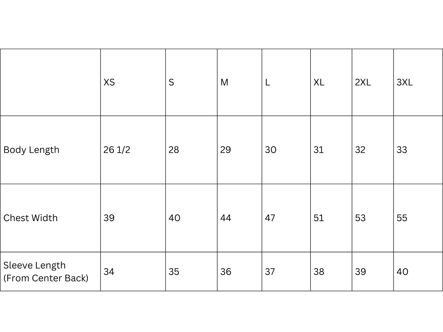 Size chart. Contact us for more information.