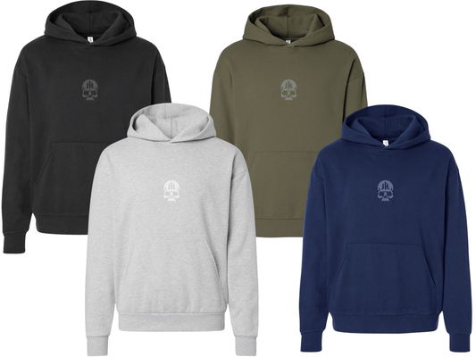 Four hoodies in black, gray, green, and blue with a logo on the chest.
