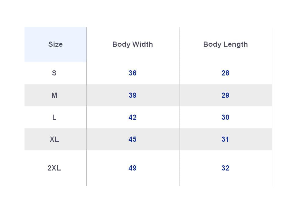 Size chart. Contact us for more information.
