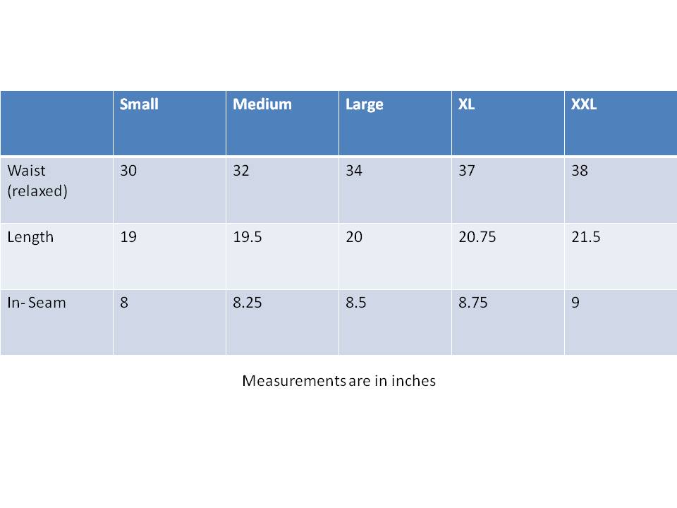 Size chart of Performance shorts. Contact us for more information.