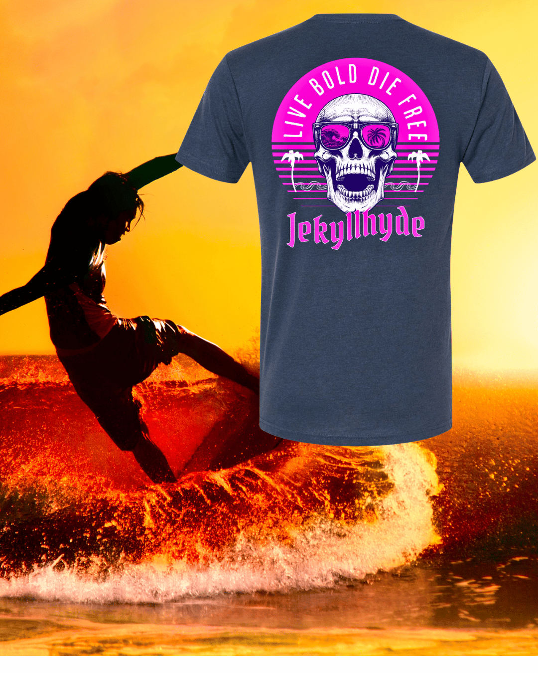 T-shirt with a skull design and text on a person surfing in the background