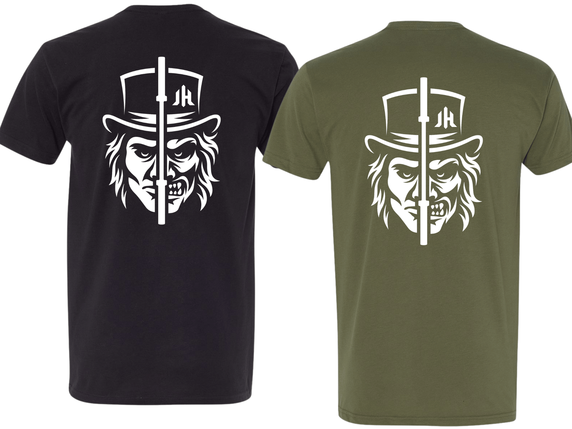 Black and green t-shirts with a white graphic design on the back.