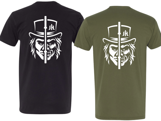 Black and green t-shirts with a white graphic design on the back.