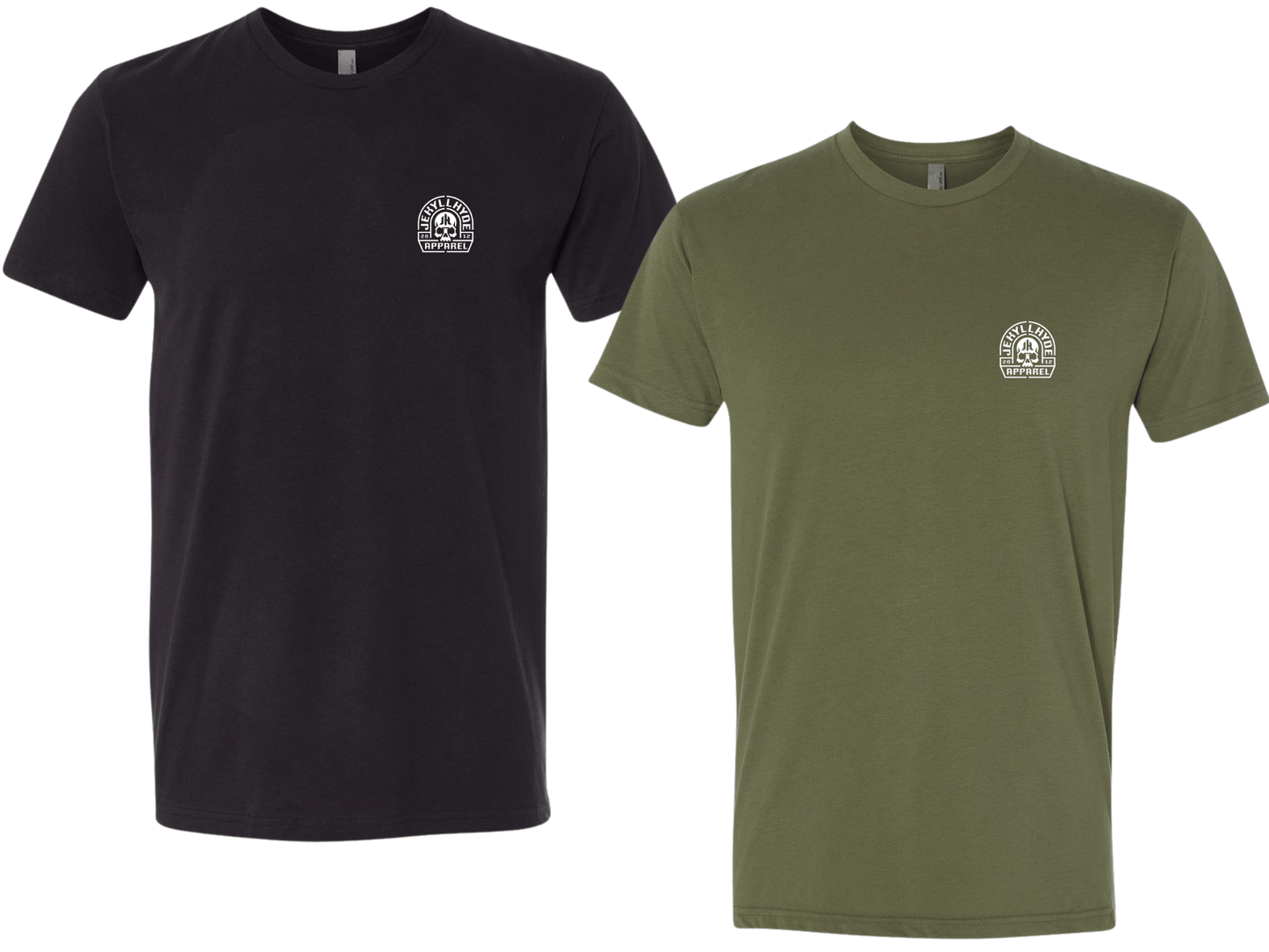 Black and green t-shirts with a logo on the chest against a white background
