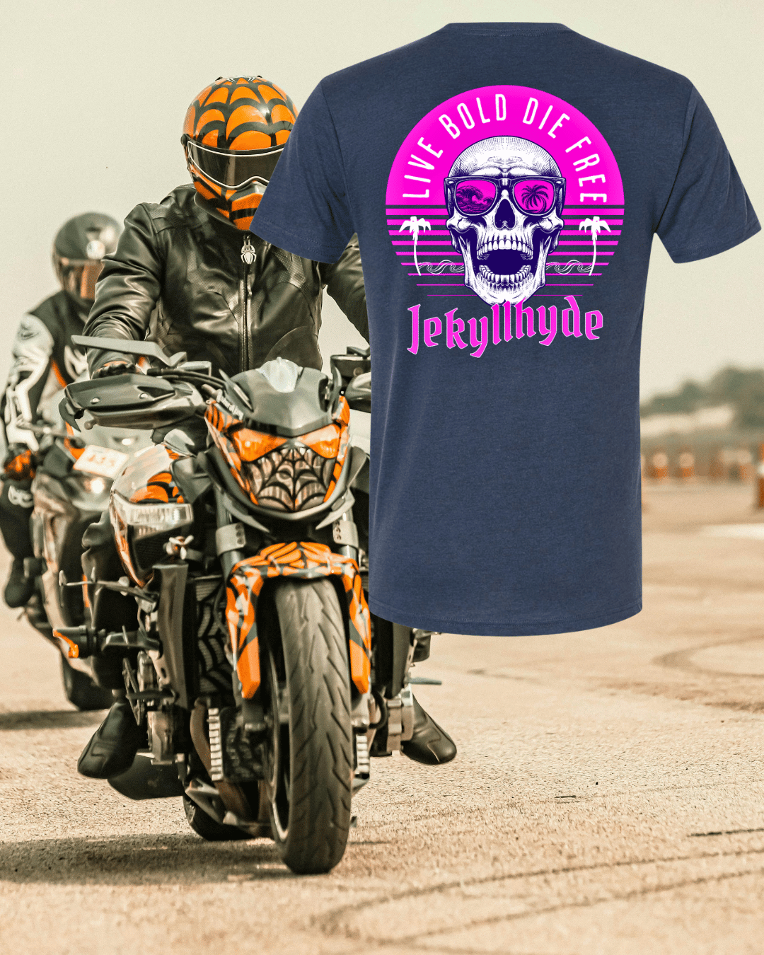 Person riding a motorcycle with a blue t-shirt in the foreground with a skull design and 'JekyllHyde' text.