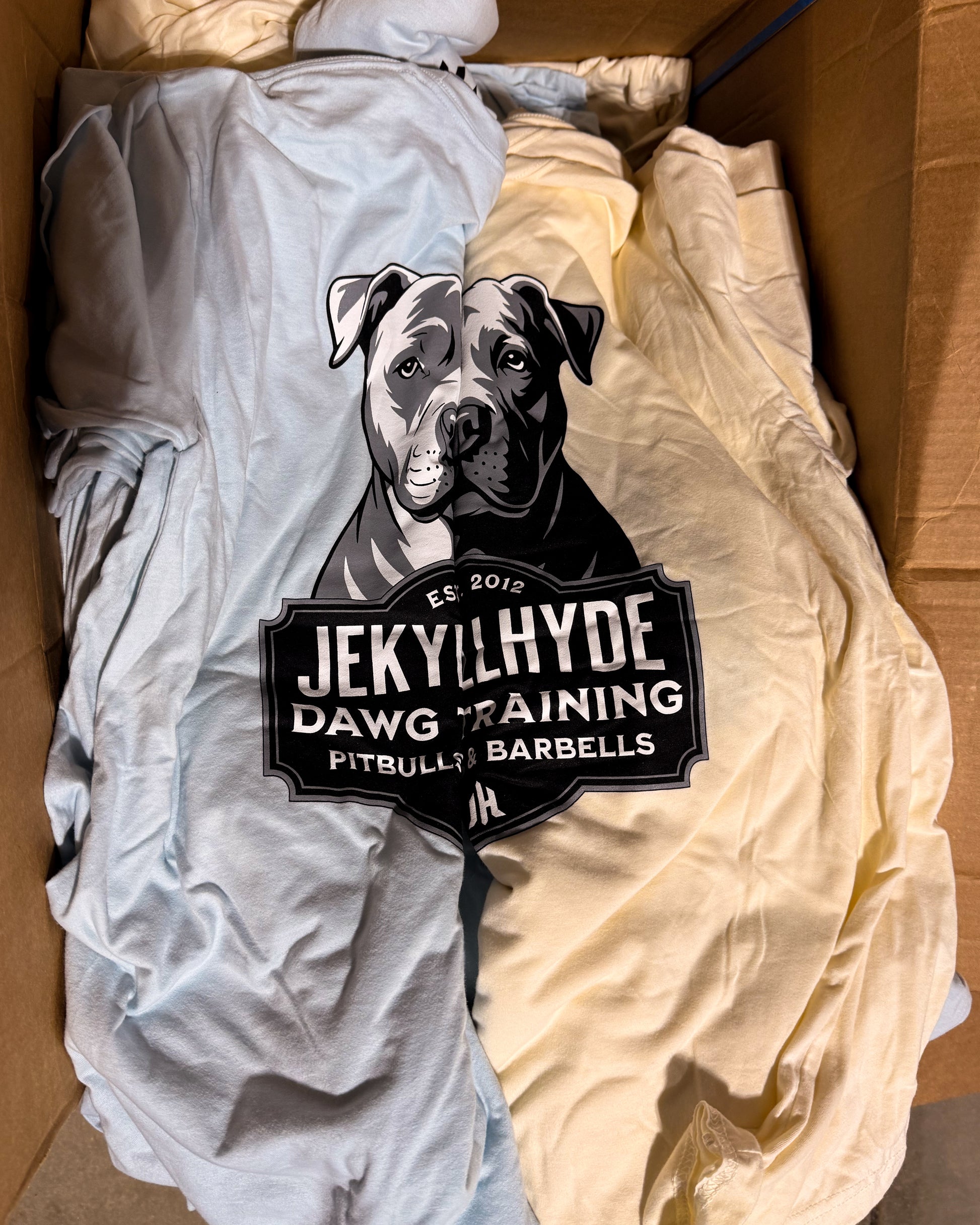 A pile of pitbull t-shirts, half cream colored, half light blue. 
