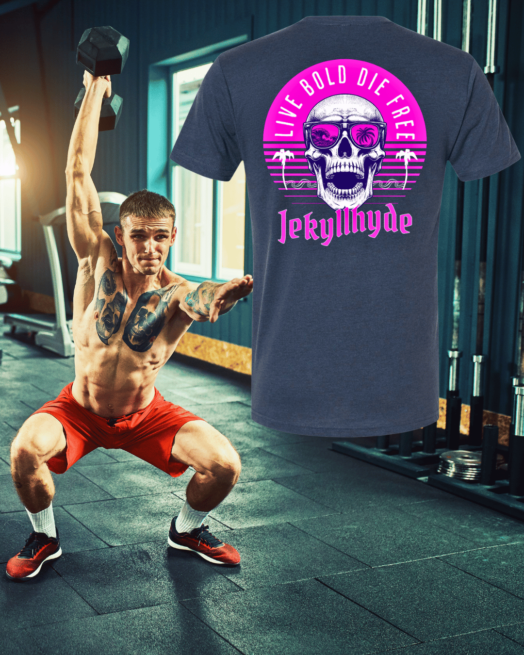 Man exercising in a gym with a t-shirt featuring a skull design and text on the back.
