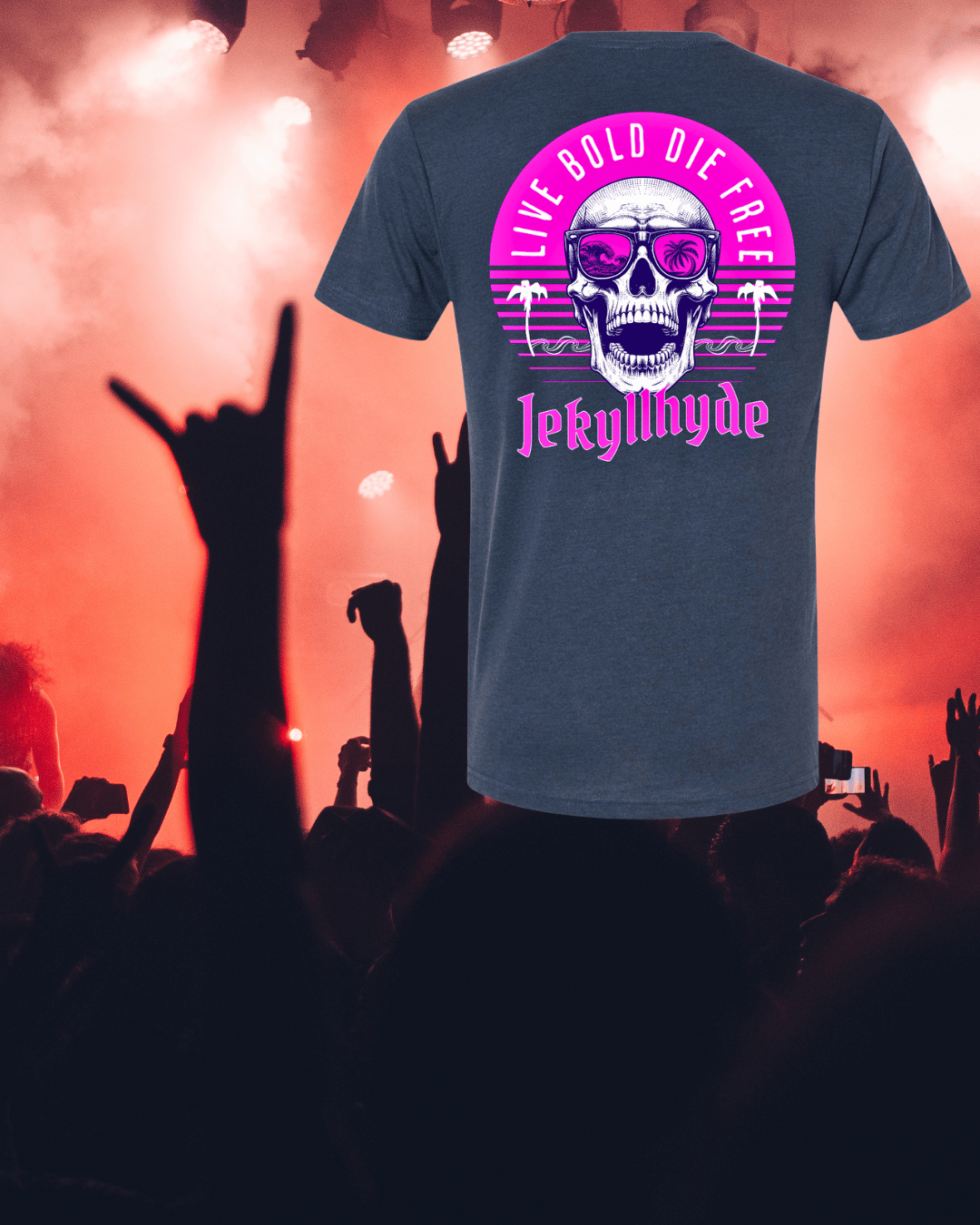 T-shirt with a skull design and text at a concert with silhouettes of people in the background