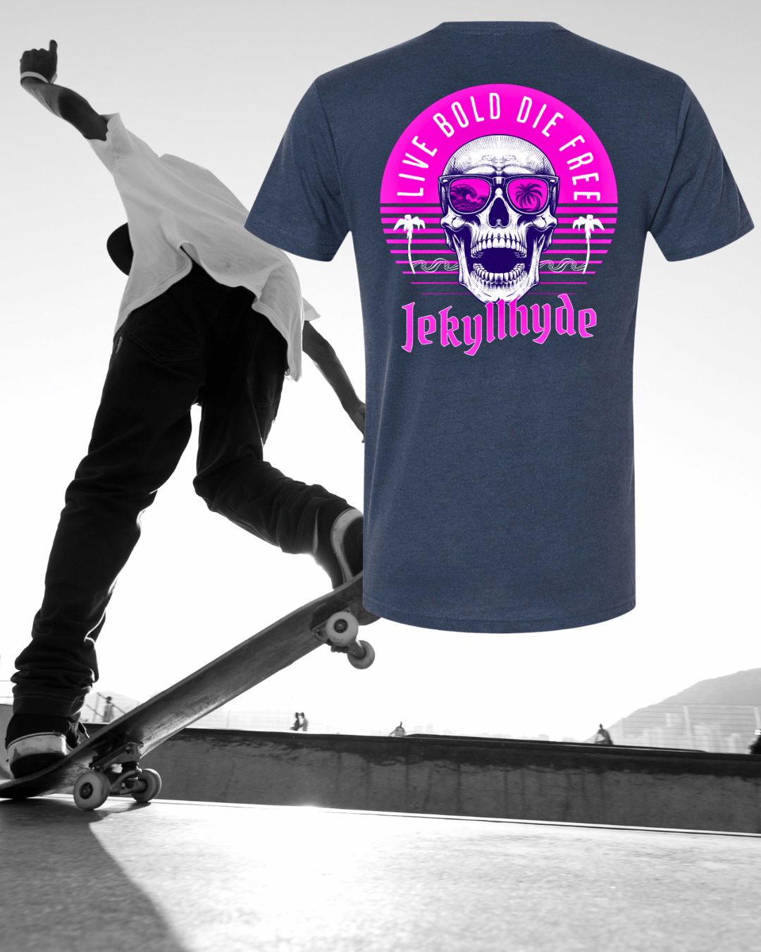 Person skateboarding with a t-shirt featuring a skull graphic and text in the foreground