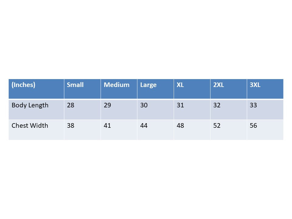 Size chart. Contact us for more information. 