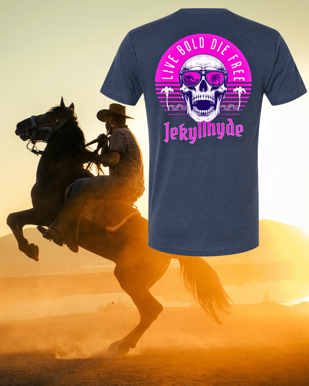 T-shirt with a skull design and text overlay on a background of a person riding a horse.