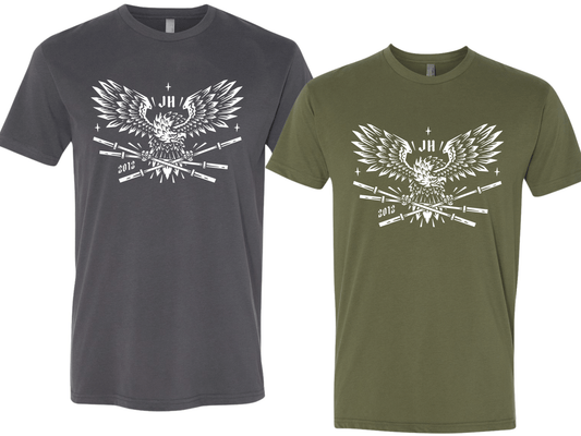Grey and OD Green tshirt with a Bald eagle holding barbells on the front on  white background. 