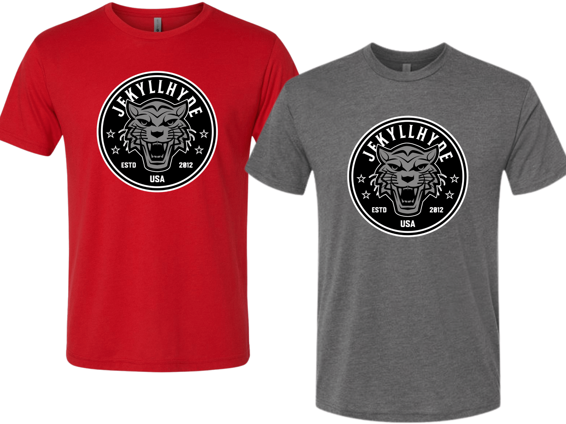 Red and gray t-shirts with WildCat on a white background