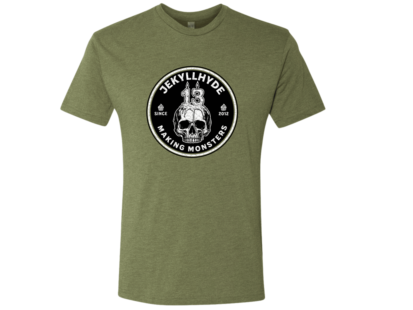 The front of an OD Green tshirt with a candle in the shape of the number 13 melting on top of a skull. 