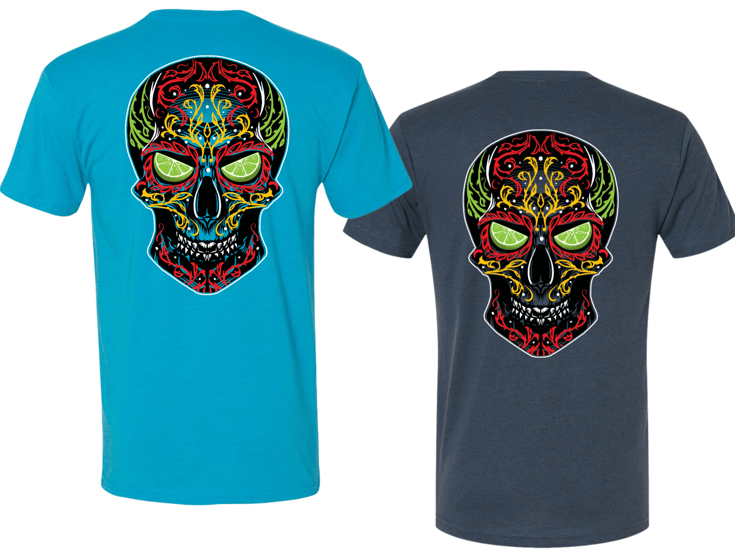 Two t-shirts, one turquoise and one navy, with a colorful skull design on the back.