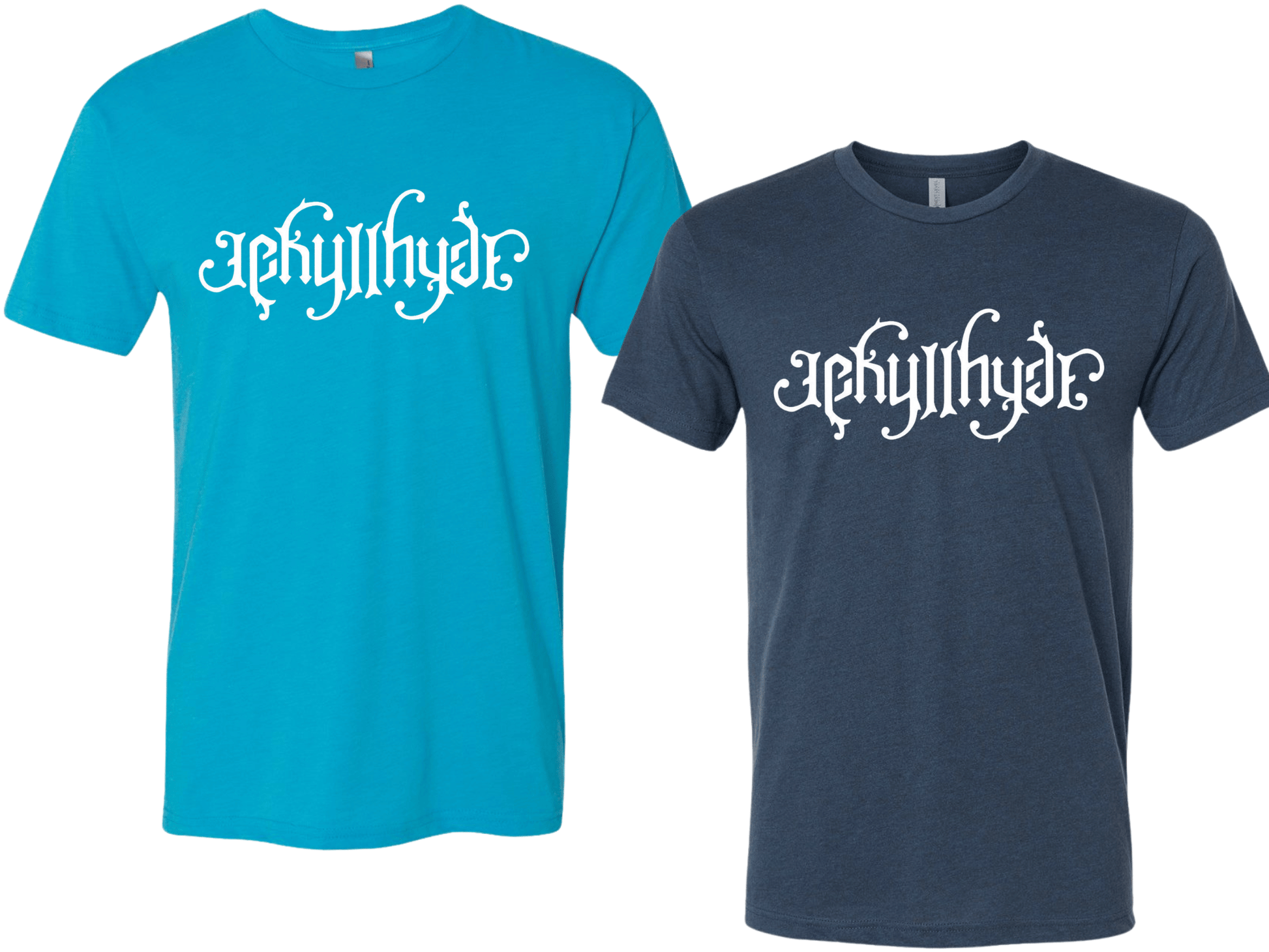 Two t-shirts, one blue and one navy, with a white logo on a white background.