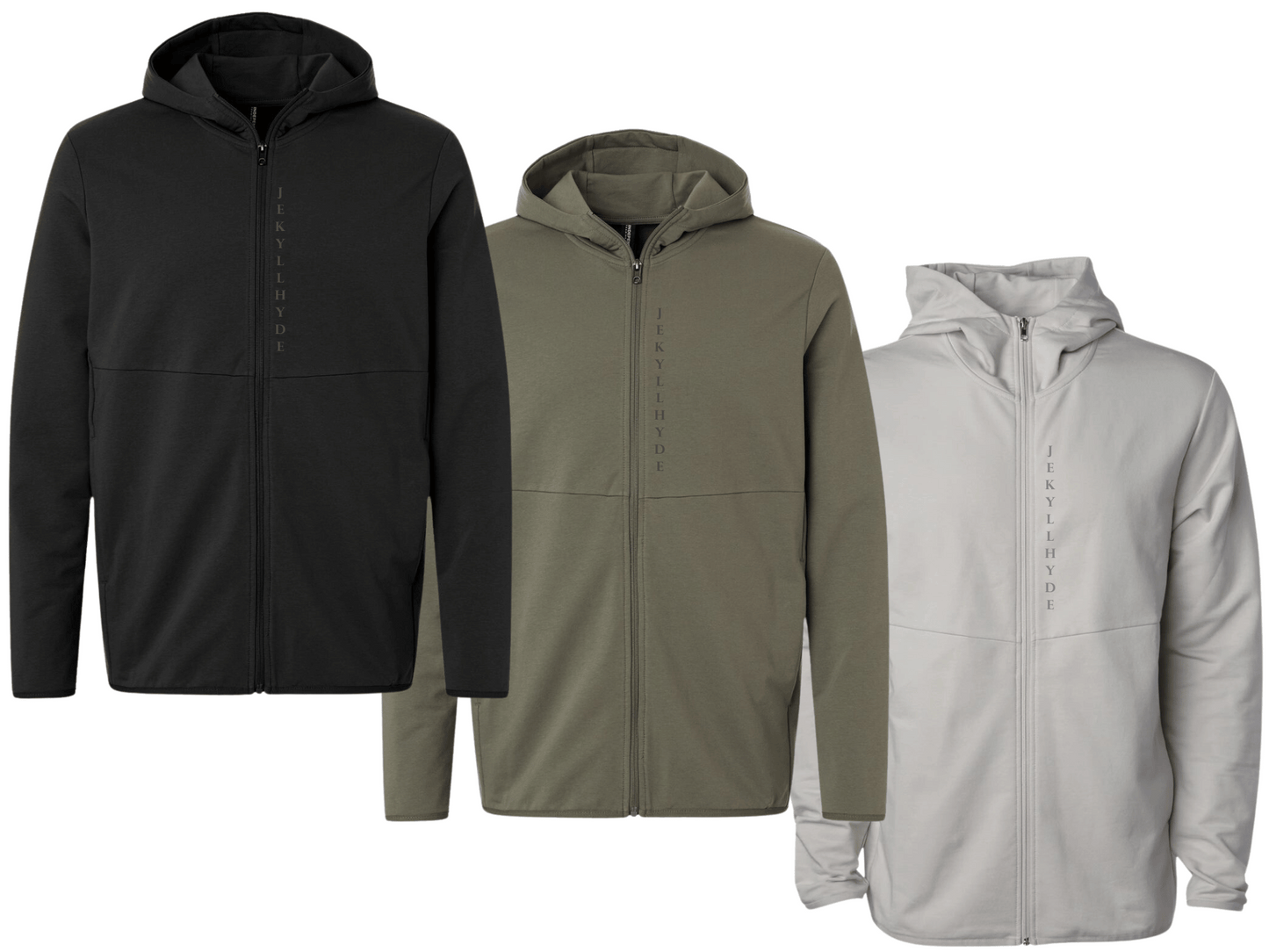 Three hooded jackets in black, green, and gray on a white background