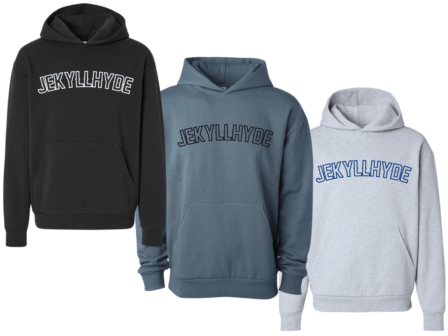Three hoodies in black, gray, and white with 'JEKYLLHYDE' text on a white background
