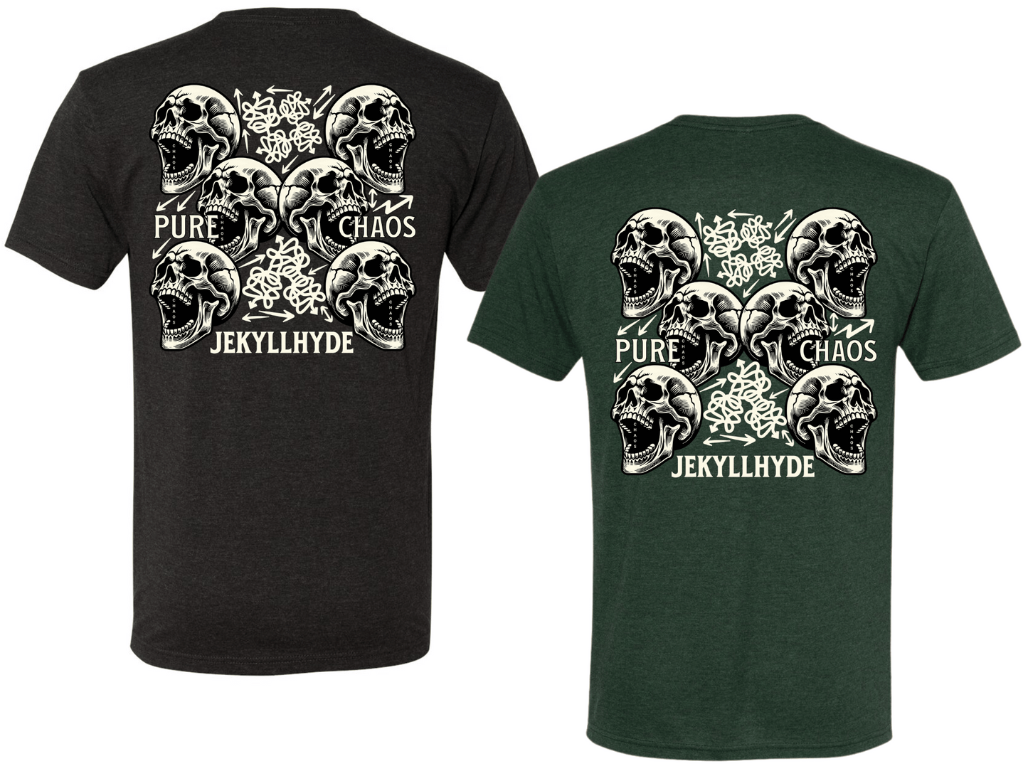 Two t-shirts, one black and one green, both featuring a graphic design of skulls and the text 'PURE CHAOS JekyllHyde'.