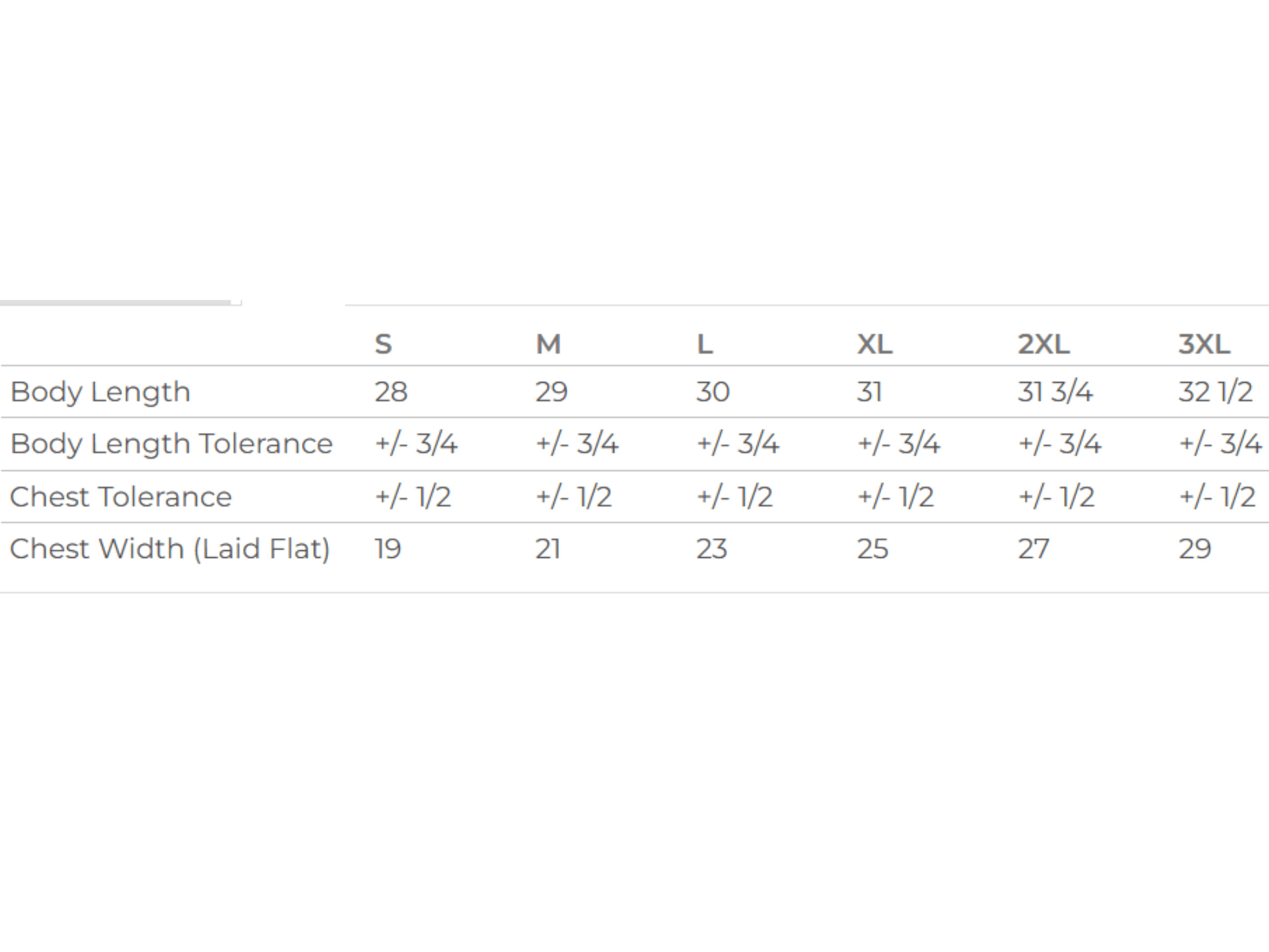 Size chart. Contact us for more information. 