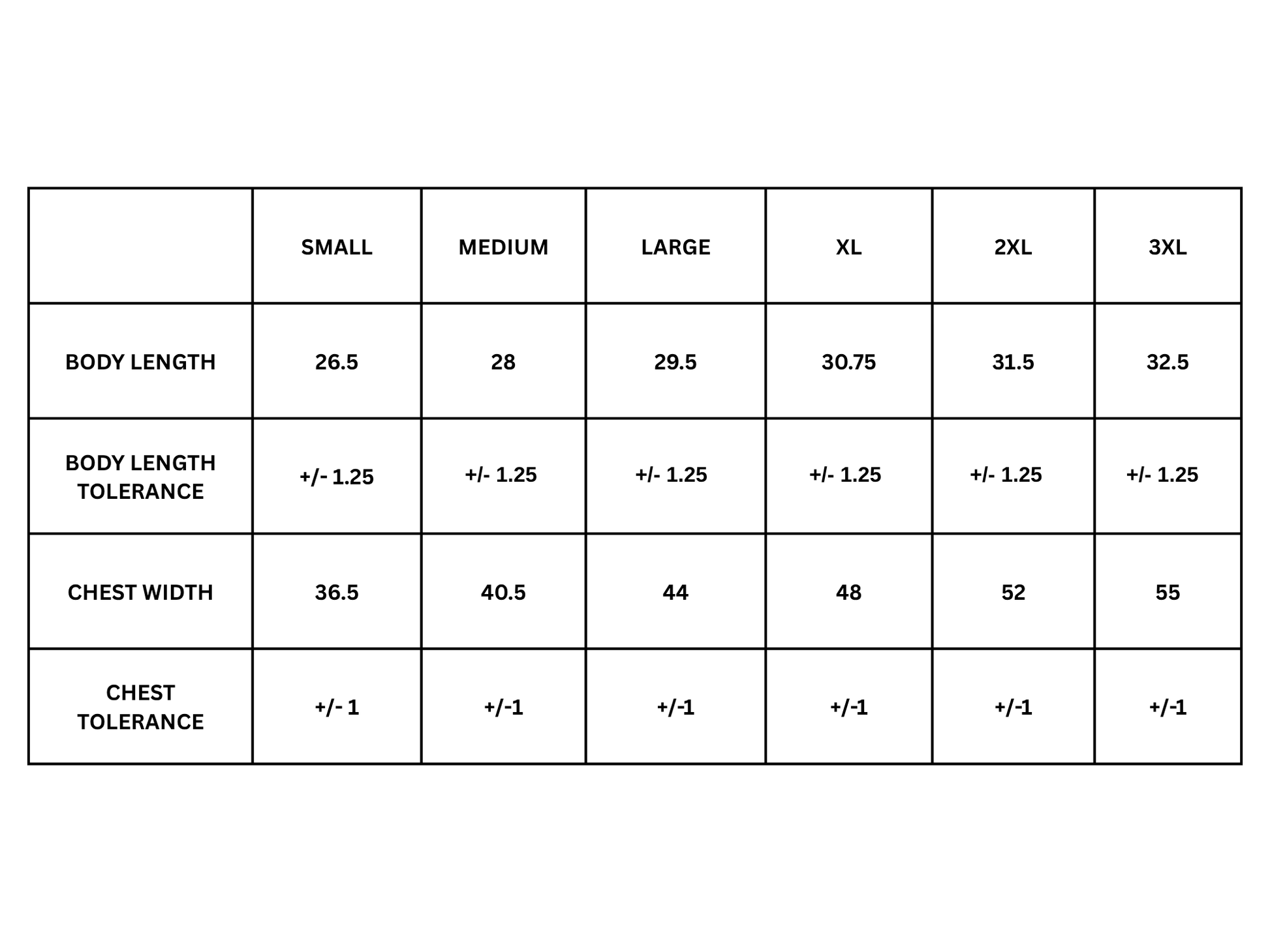 Size chart for clothing with measurements in inches for small to 3XL
