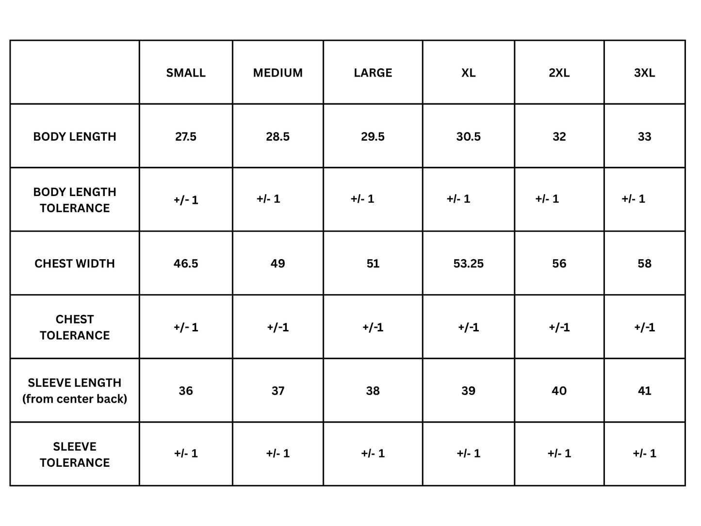 Size chart. Contact us for more information. 