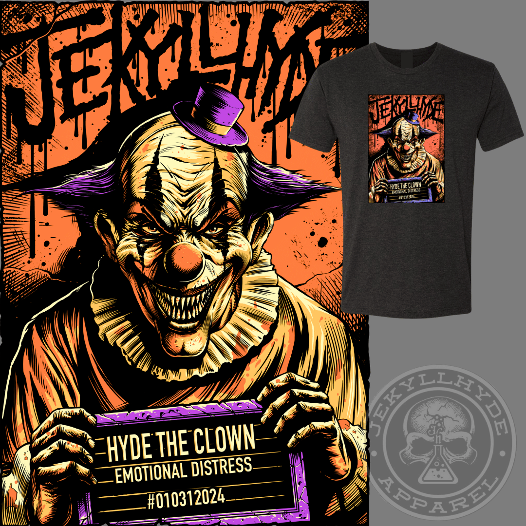 Image of a demonic clown with a tshirt on the right upper corner. 