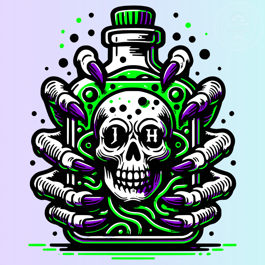 An image of a bottle filled with a skull and liquid with claws wrapping around the bottle. 