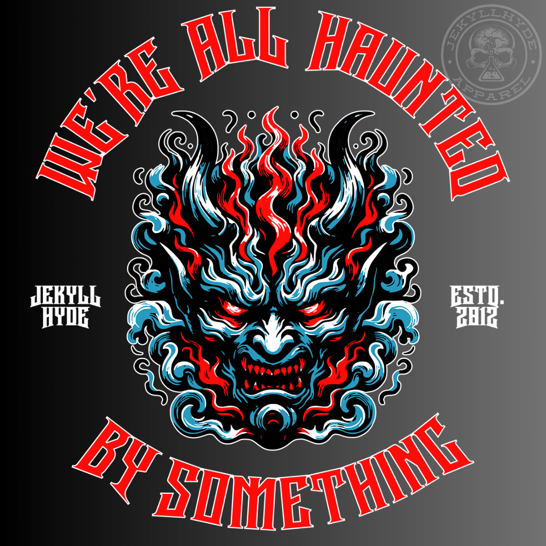 An image of a demon face snarling with text around it. 