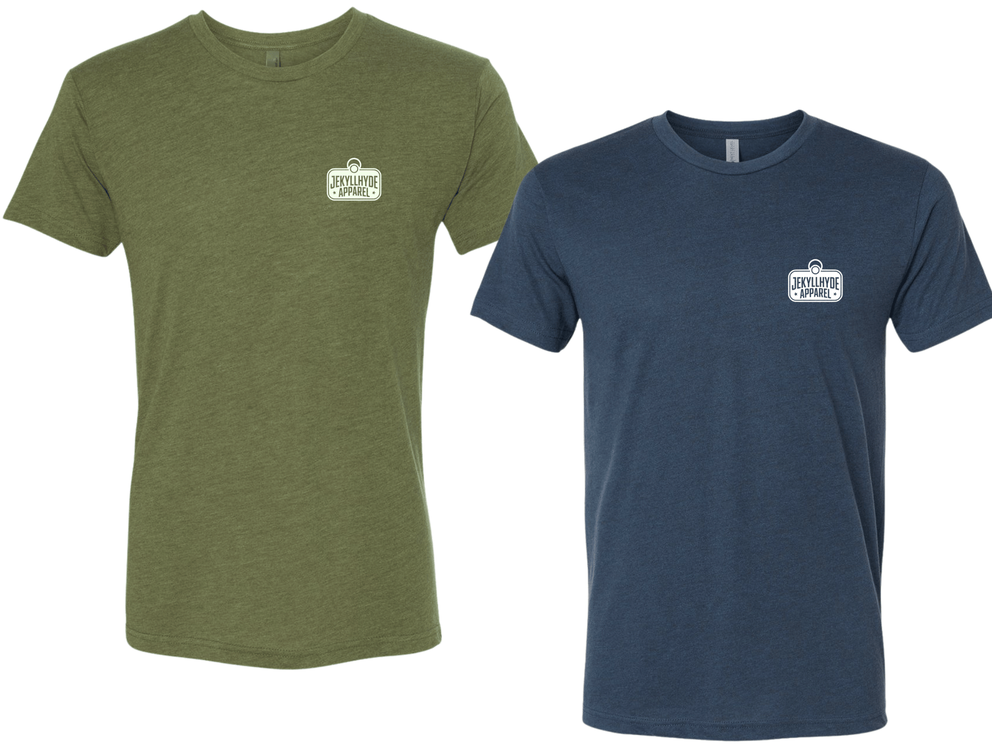 Two t-shirts, one green and one blue, with a logo on the chest.