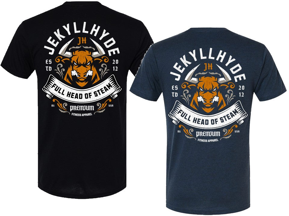 Black and navy t-shirt with 'Jekyll Hyde' design on a white background
