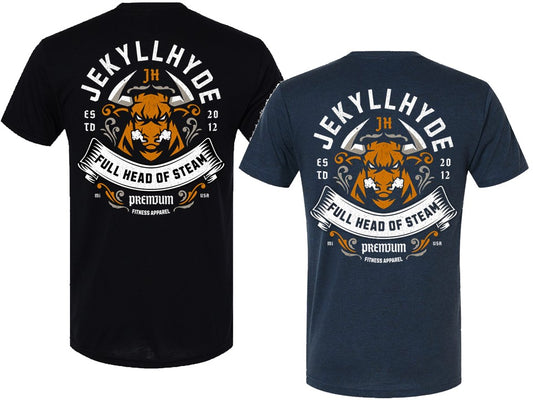 Black and navy t-shirt with 'Jekyll Hyde' design on a white background