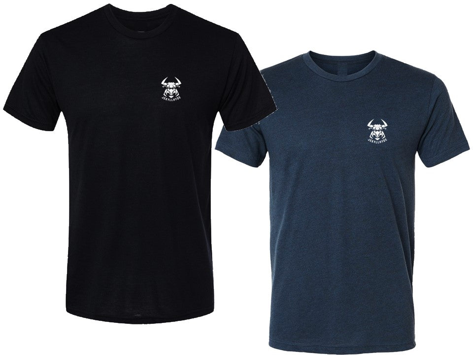 Black and Navy shirt with a bull and jekyllhyde logo on the left chest. 