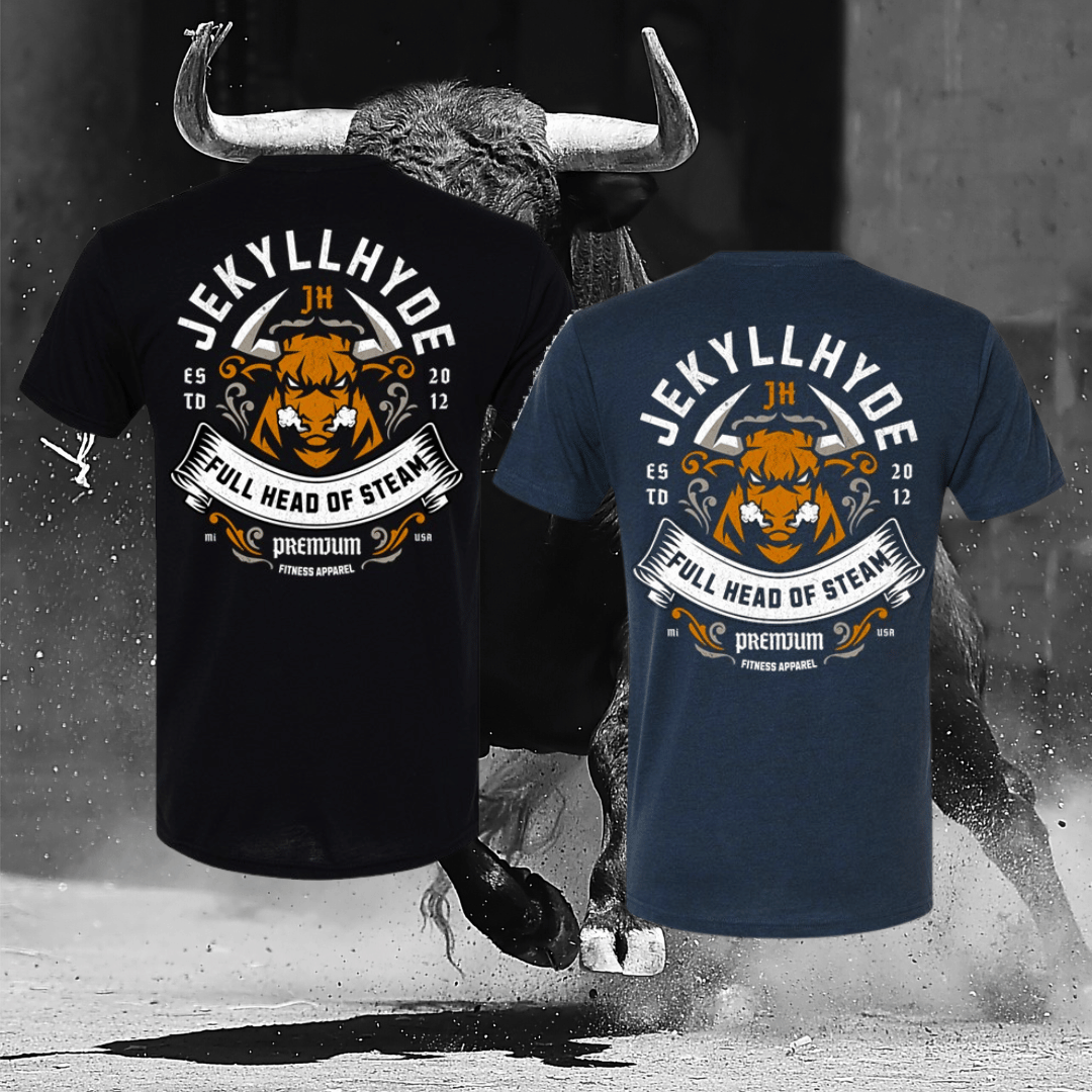 Two shirts with bulls and text on them in front of a black and white image of a charging bull. 