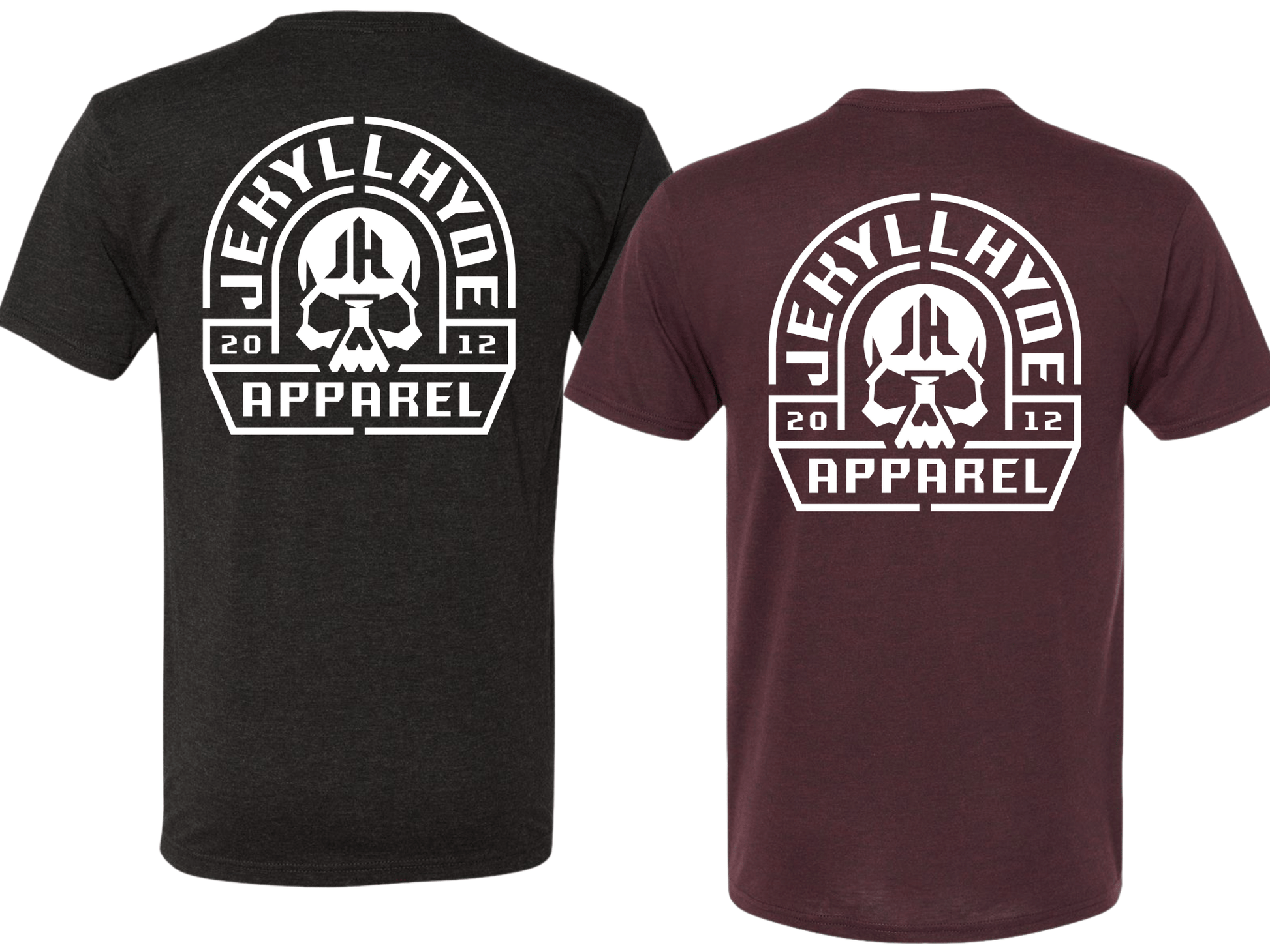 Black and maroon t-shirts with 'Jekyll Hyde Apparel' logo on a white background