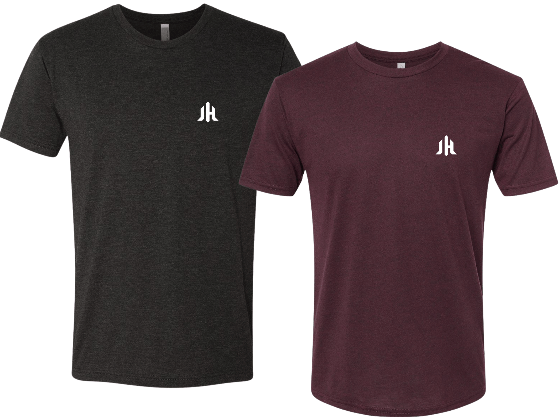 Two t-shirts, one black and one maroon, with a logo on the chest against a white background.