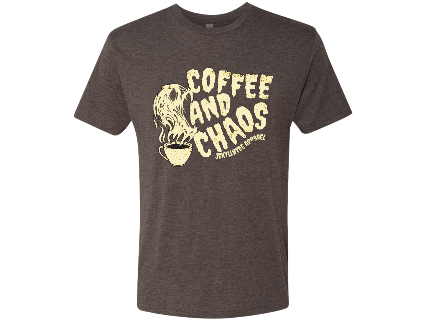 Dark brown t-shirt with yellow graphic and text on a white background