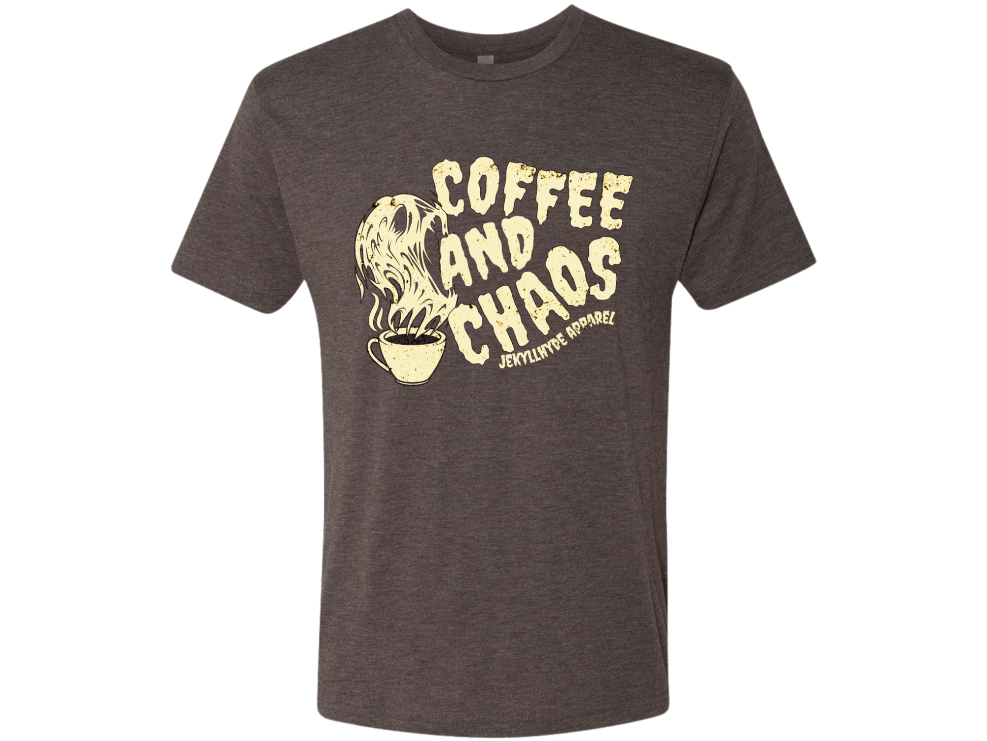 Dark brown t-shirt with yellow graphic and text on a white background