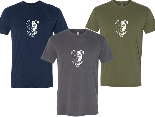 Three short-sleeve crew-neck t-shirts shown on a white background: navy blue, dark gray, and olive green. Each shirt features a white line-art graphic of a pitbull head.