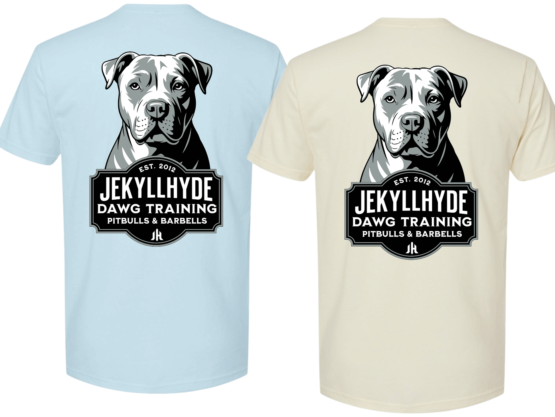 Two t-shirts, one light blue and one beige, featuring a dog graphic and 'JekyllHyde Dawg Training' logo.