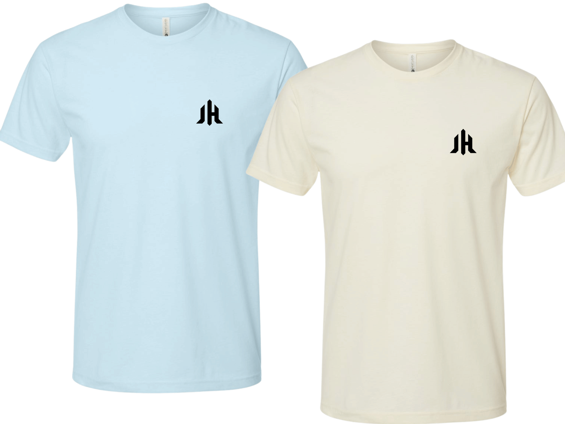 Two t-shirts, one light blue and one beige, with a black logo on a white background.
