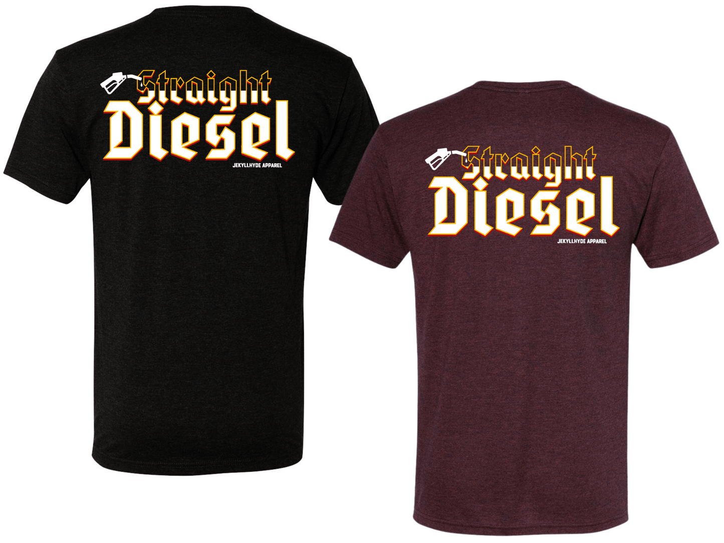 Black and maroon t-shirts with 'Straight Diesel' text on a white background
