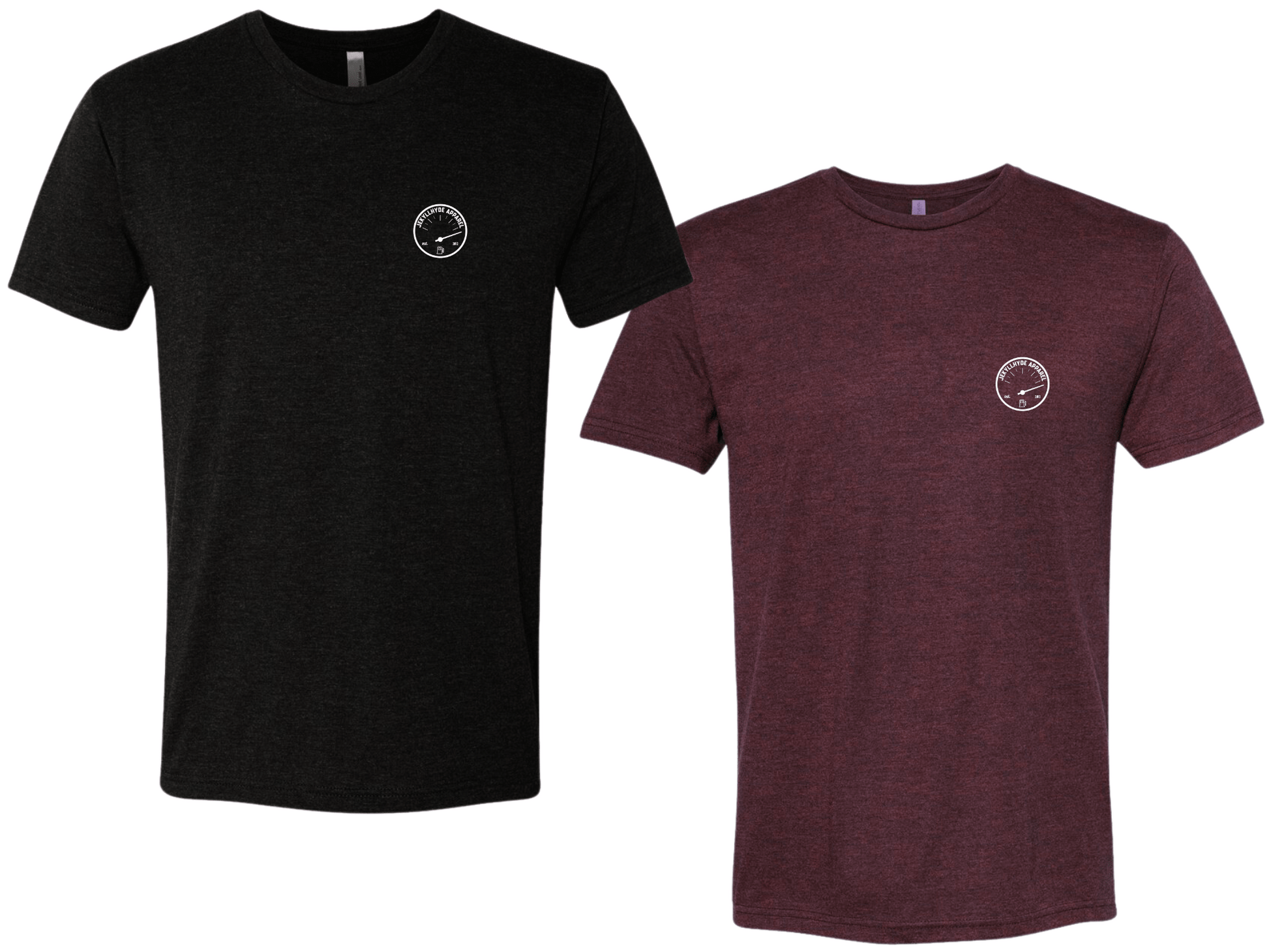Black and maroon mock up of front of tshirt with fuel gauge logo on left chest. 