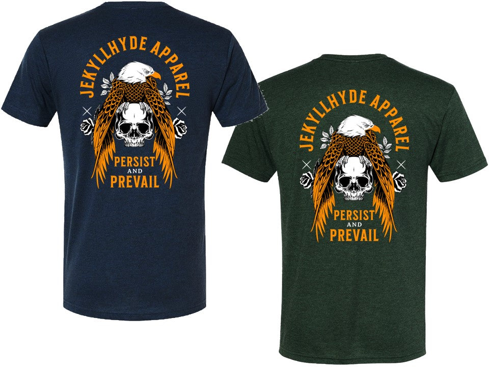 Navy and green t-shirts with Jekyll Hyde Apparel design featuring an eagle and skull.