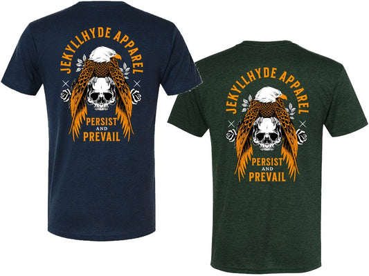 Navy and green t-shirts with Jekyll Hyde Apparel design featuring an eagle and skull.
